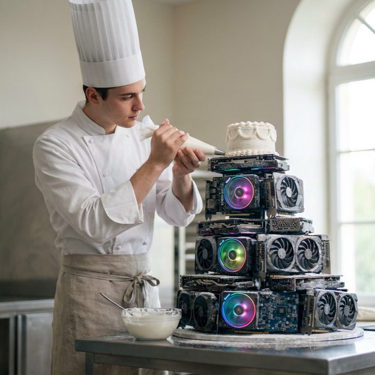 Illustration éditoriale : un pâtissier décore un gâteau en forme de puce GPU, newsletter IA PrismIA édition 25