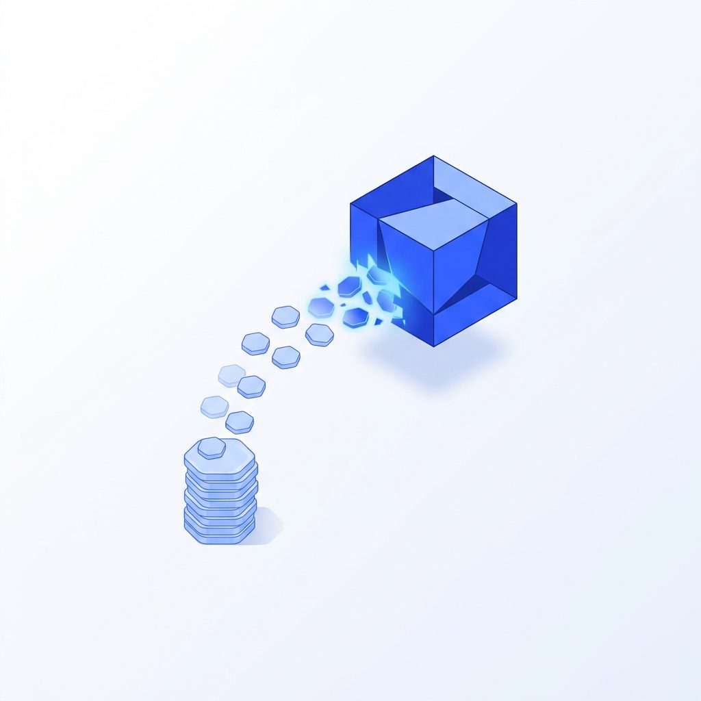 Illustration abstraite : un agent IA représenté par un cube à facettes consommant un flux de crédits, palette bleue PrismIA