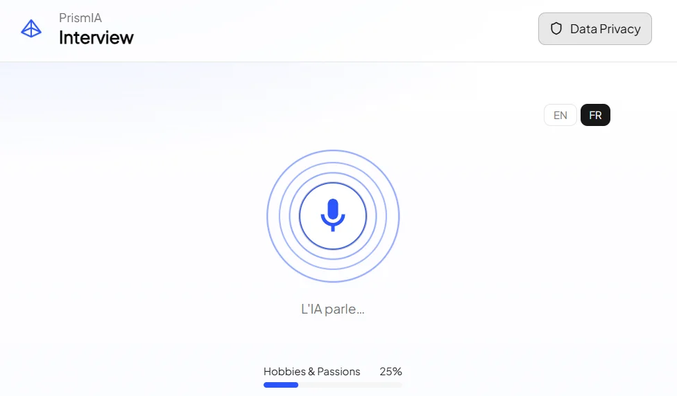 PrismIA Voice AI Agent interface during a voice interview: the AI is speaking, questionnaire progress shown