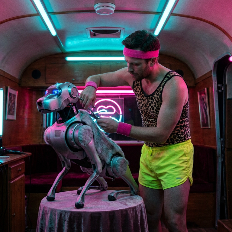 Un toiletteur en tenue de fitness années 80 brosse un chien robot posé sur une table, dans une caravane éclairée au néon rose et turquoise.