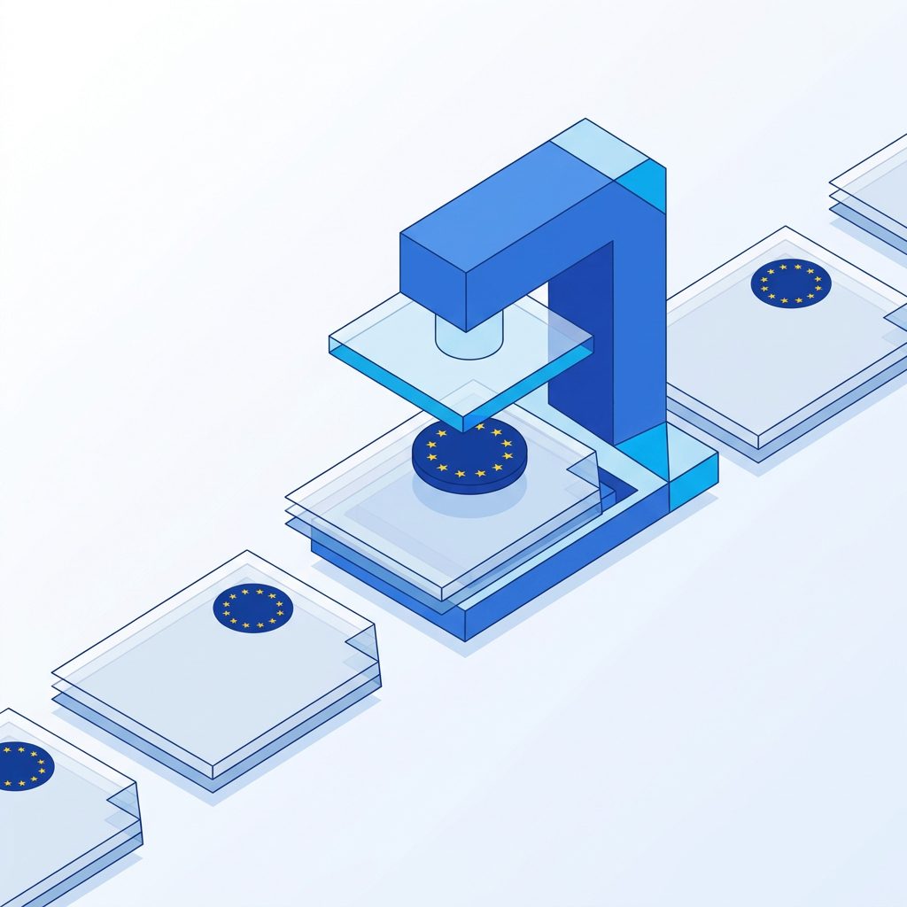 Illustration isométrique : une presse appose un badge aux douze étoiles européennes sur une série de documents, palette bleue PrismIA