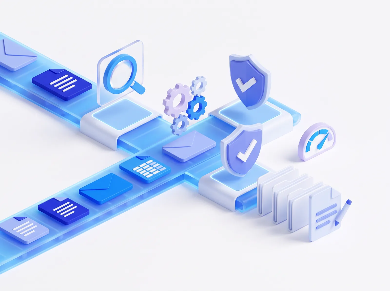 Illustration isométrique : des documents et des e-mails avancent sur un convoyeur à travers trois étapes, analyse, automatisation et contrôle, puis arrivent classés et signés