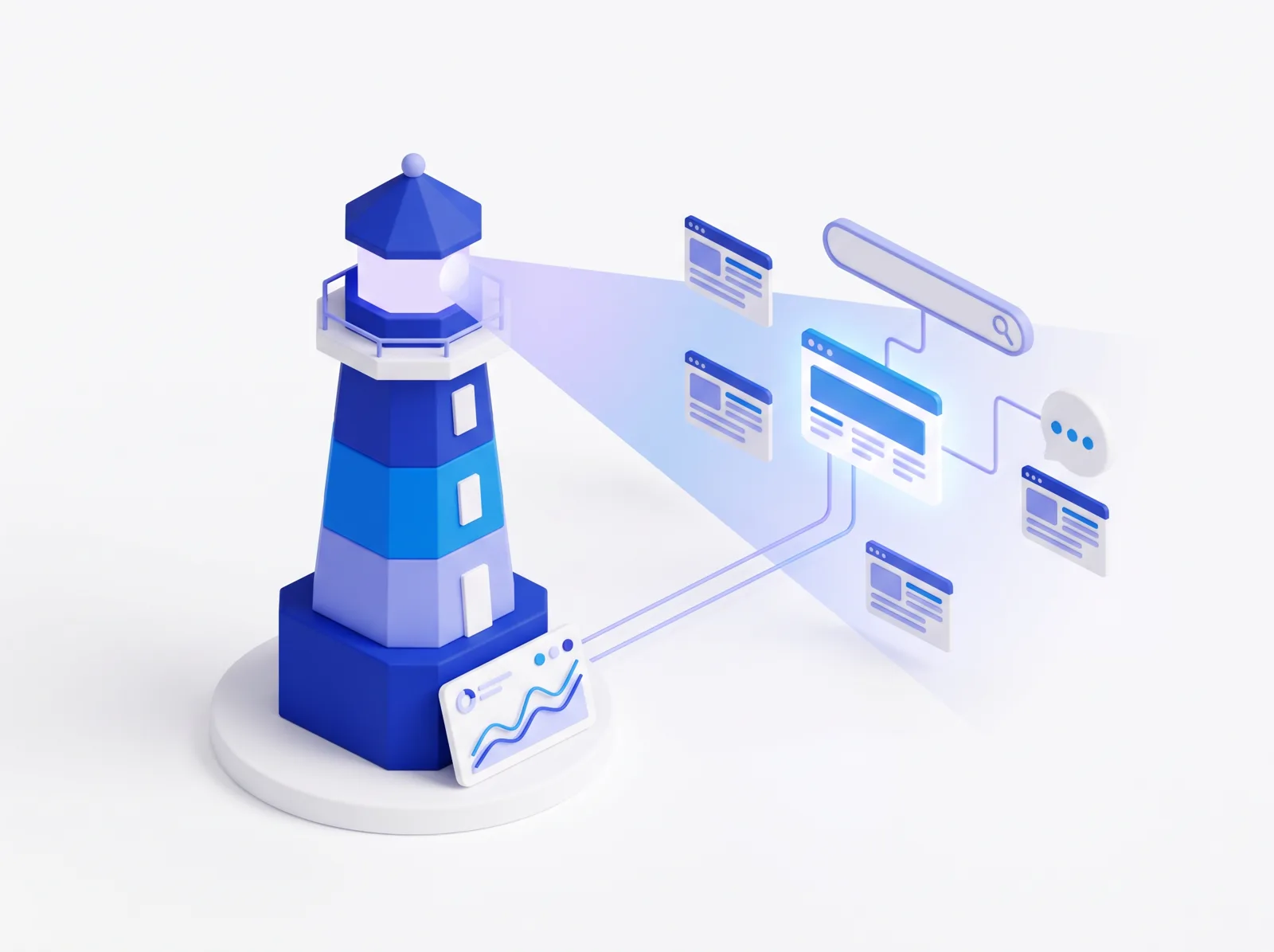 Illustration isométrique : un phare éclaire un paysage de pages web, et l’une d’elles, reliée à une barre de recherche et à une bulle de discussion, s’illumine
