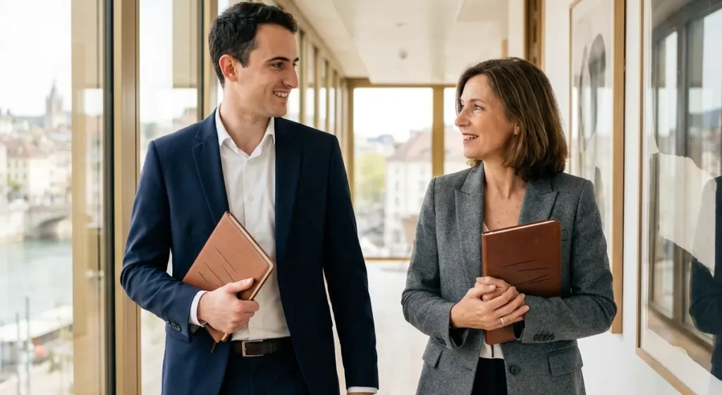 Coaching IA 1-on-1 entre formateur et dirigeante exécutive, walking corridor