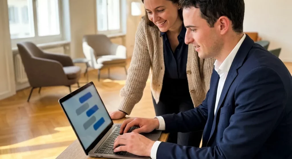 Session de coaching ChatGPT en banque privée, apprenante observant par-dessus l'épaule