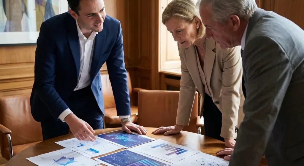Session de travail avancée IA dans une banque privée, analyse de dashboards business