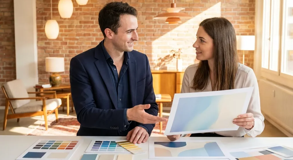Review créative IA sur table studio dans une agence de communication