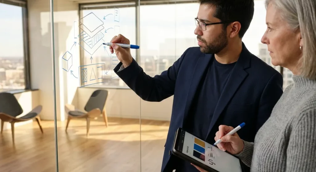 Architecture IA dessinée sur paroi en verre dans un family office